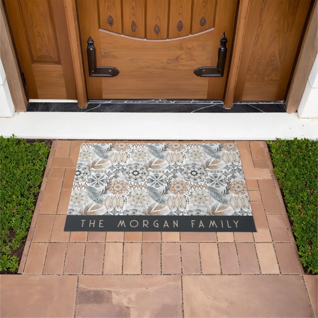 Light Terracotta Gray Botanical Boho Family Name Doormat (Outdoor)