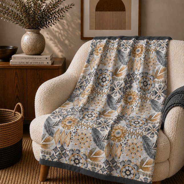Light Terracotta Gray Botanical Boho Pattern Fleece Blanket (Creator Uploaded)