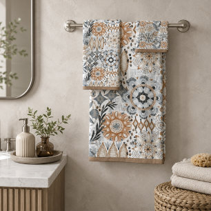 Light Terracotta Gray Botanical Pattern Bath Towel Set