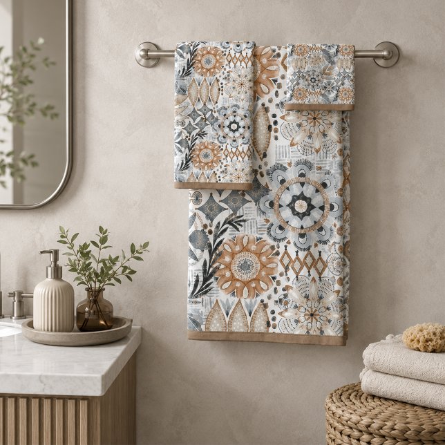 Light Terracotta Gray Botanical Pattern Bath Towel Set (Creator Uploaded)