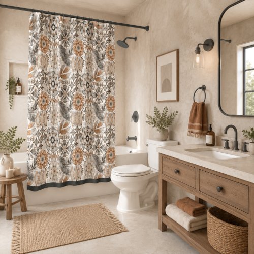 Light Terracotta Gray Botanical Pattern Shower Curtain