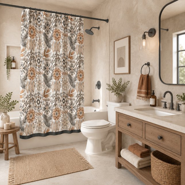Light Terracotta Gray Botanical Pattern Shower Curtain (Creator Uploaded)
