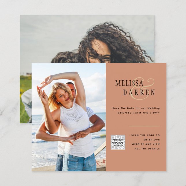 Light Terracotta PHOTO Wedding SAVE DATE QR CODE (Front/Back)