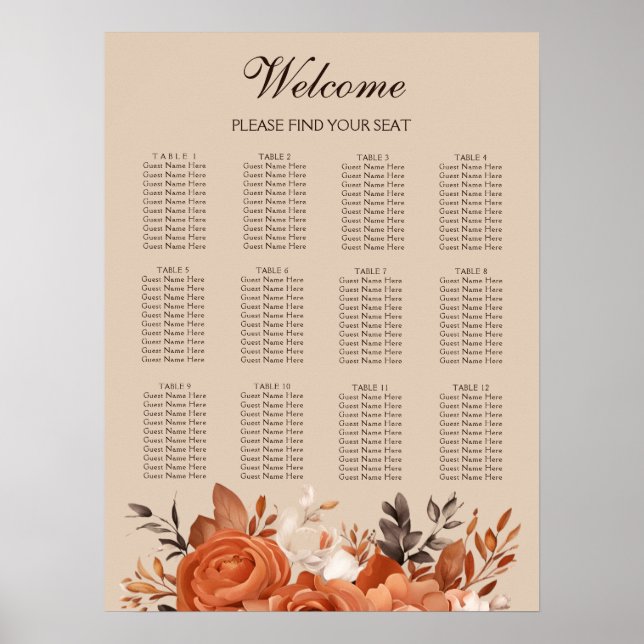 Light Terracotta Wedding Seating Chart Poster (Front)