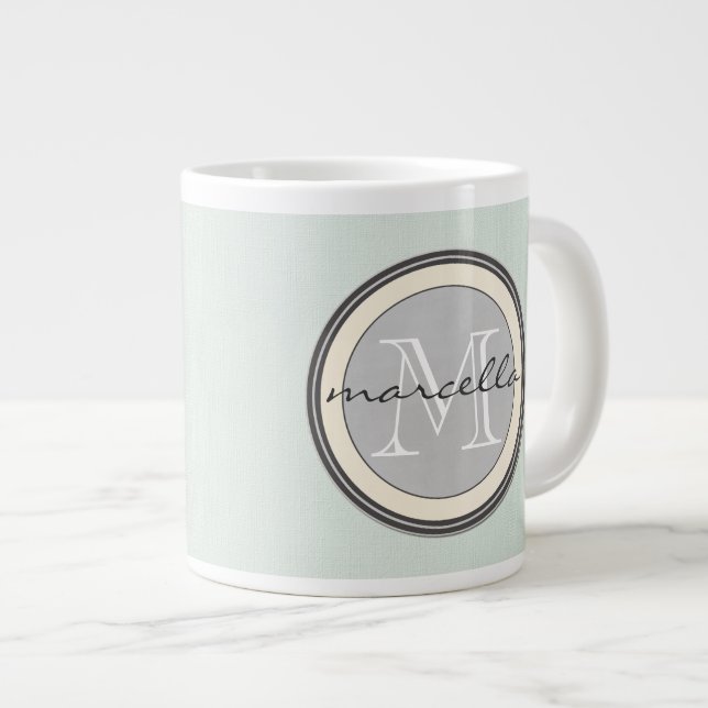 Light Textured Teal Background Gray Monogram Large Coffee Mug (Front Right)