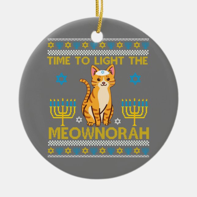 Light The Meownorah Jewish Cat Menorah Lover Ugly Ceramic Ornament (Front)