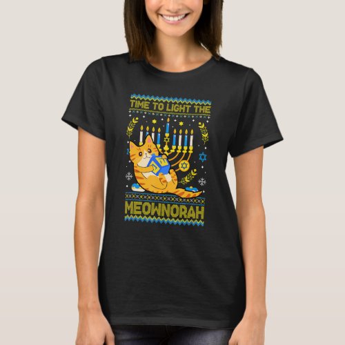 Light The Meownorah Jewish Cat Menorah  Ugly Chanu T_Shirt