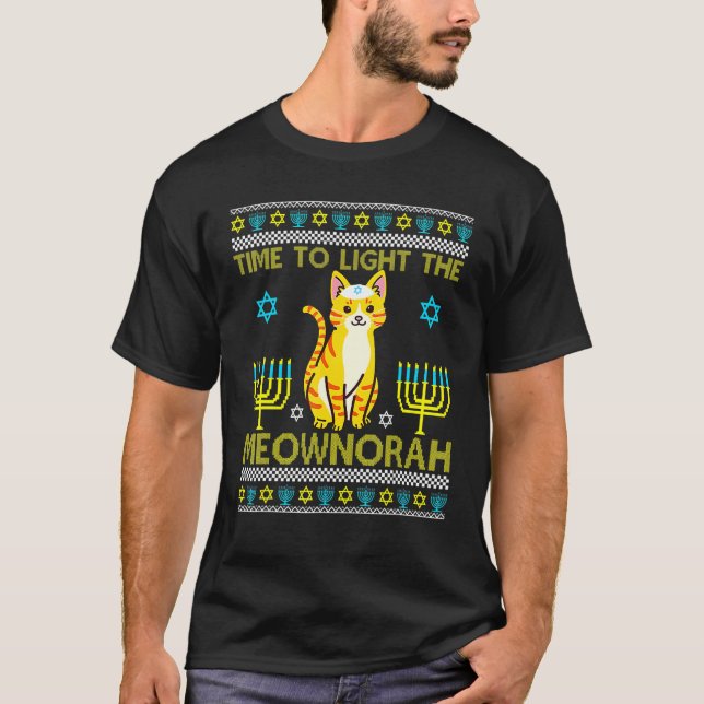 Light The Meownorah Jewish Cat Menorah Ugly Chanuk T-Shirt (Front)