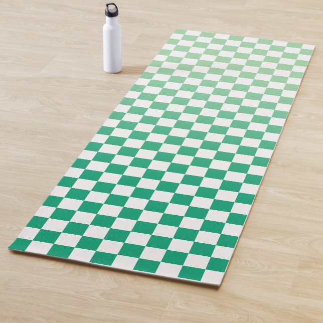 Light to Dark Green Ombré Checkered Pattern Yoga Mat (In Situ)