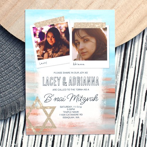 Light Turqoise Beige Glitter Bnai Bat Mitzvah Invitation