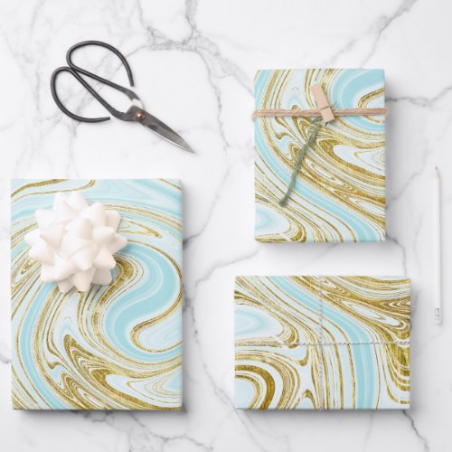 Light Turquoise and Gold Marble Look Wrapping Paper Sheets
