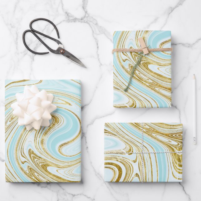Light Turquoise and Gold Marble Look Wrapping Paper Sheets (Front)