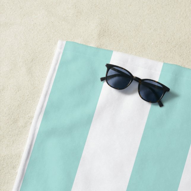 Light Turquoise and White Wide Horizontal Striped Beach Towel (In Situ)