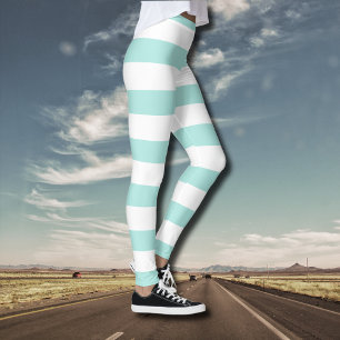 Light Turquoise and White Wide Horizontal Striped Leggings