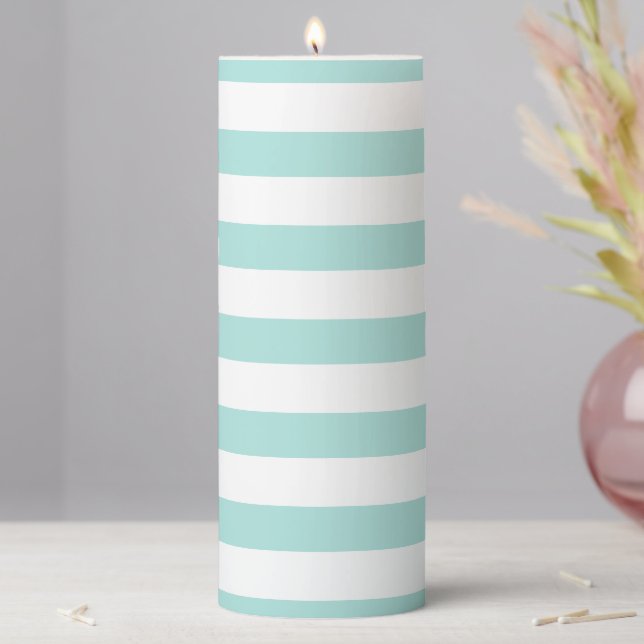 Light Turquoise and White Wide Horizontal Striped Pillar Candle (In Situ)