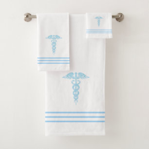 Light Turquoise Blue Caduceus & Stripes on White Bath Towel Set