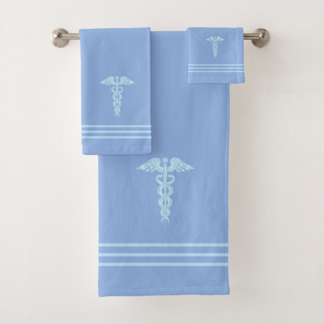 Light Turquoise Caduceus & Stripes on Sky Blue Bath Towel Set (Insitu)