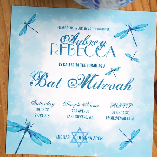 Light Turquoise Dragonflies Bat Mitzvah Invitation