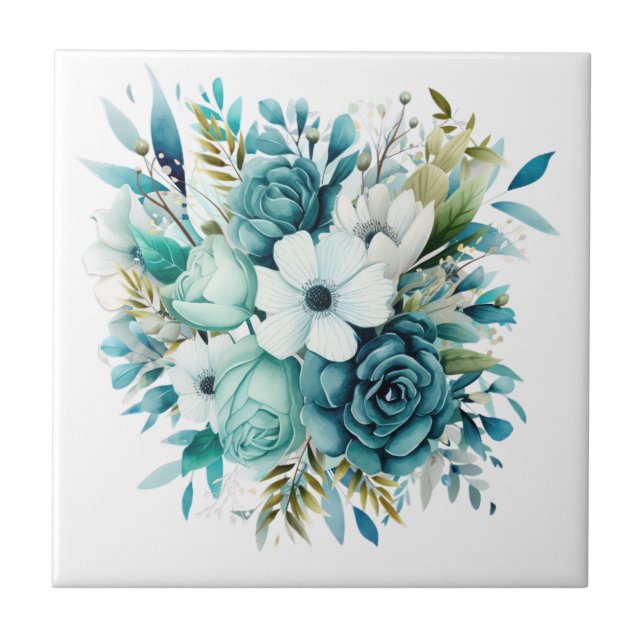 Light Turquoise Floral Ceramic Tile (Front)