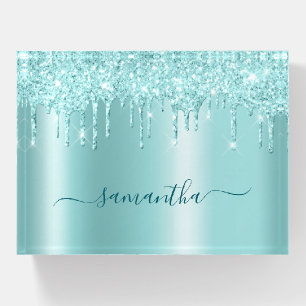 Light Turquoise Glitter Drips Shimmer Glam Name Paperweight