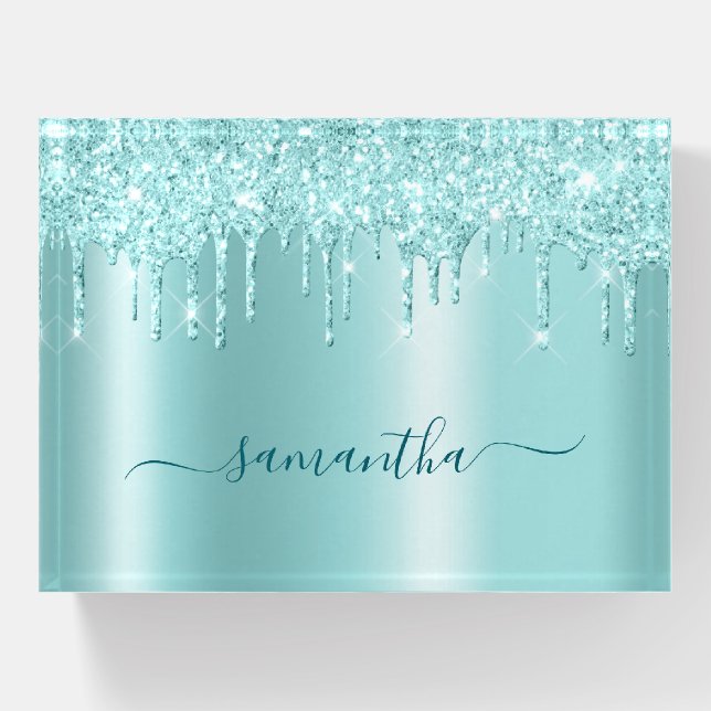 Light Turquoise Glitter Drips Shimmer Glam Name Paperweight (Front)