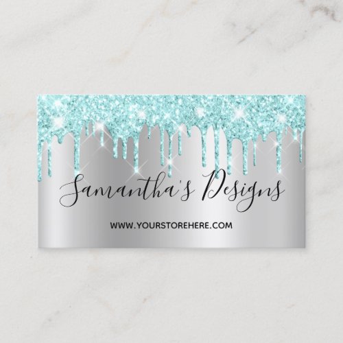 Light Turquoise Glitter Drips Silver Ombre Business Card