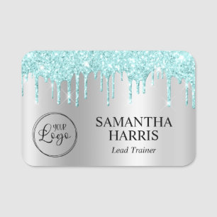 Light Turquoise Glitter Drips Silver Ombre Shimmer Name Tag