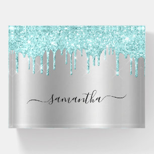 Light Turquoise Glitter Drips Silver Shimmer Name Paperweight