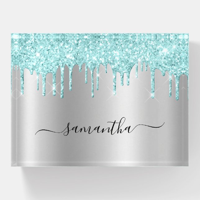 Light Turquoise Glitter Drips Silver Shimmer Name Paperweight (Front)