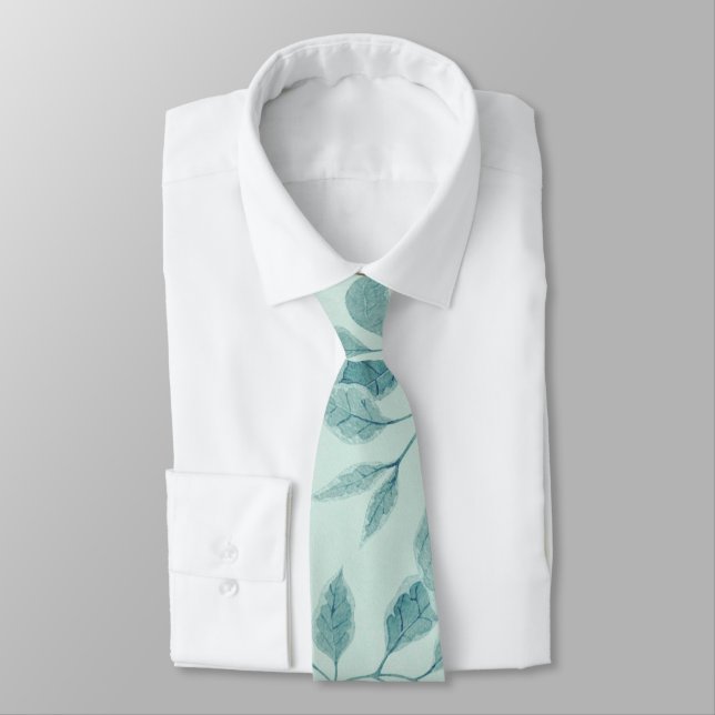 Light Turquoise Leaf Pattern Neck Tie (Tied)