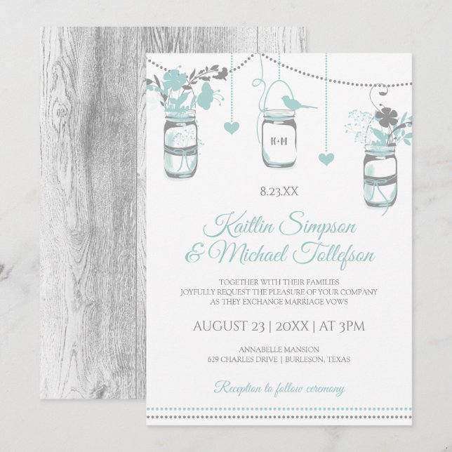Light Turquoise Mason Jar Wood Wedding Invitations (Front/Back)