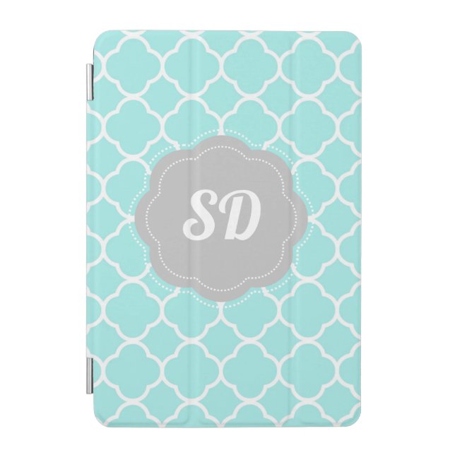 Light Turquoise Quatrefoil Custom Monogram iPad Mini Cover (Front)