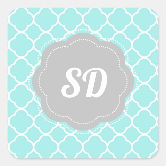 Light Turquoise Quatrefoil Custom Monogram Square Sticker (Front)