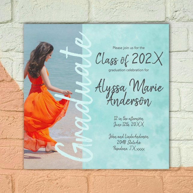 Light Turquoise Script Graduation Party Photo Advice Card (turquoise teal blue cyan graduate graduation photo announcement script calligraphy party invitation)