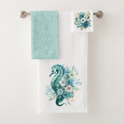 Light Turquoise Seahorse and Coastal Floral  Bath Towel Set