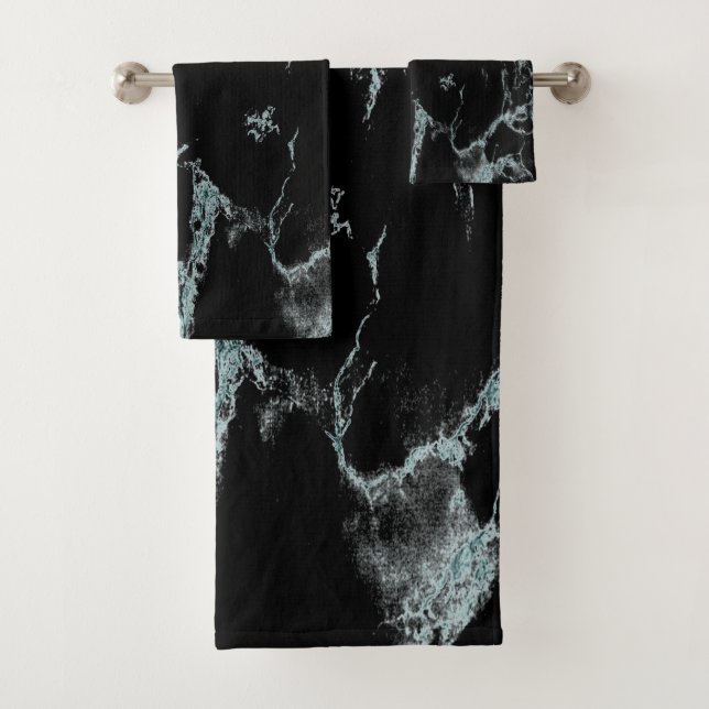 Light Turquoise Vein Black Marble Look Bath Towel Set (Insitu)