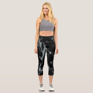 Light Turquoise Vein Black Marble Look Capri Leggings