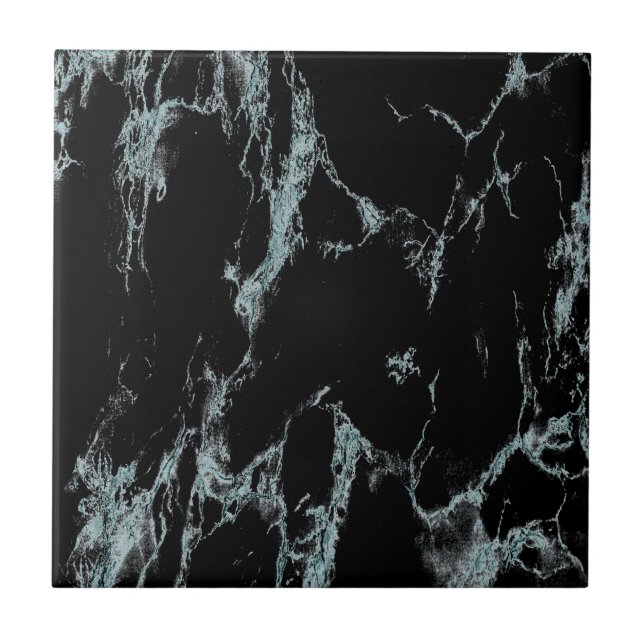 Light Turquoise Vein Black Marble Look Ceramic Tile (Front)