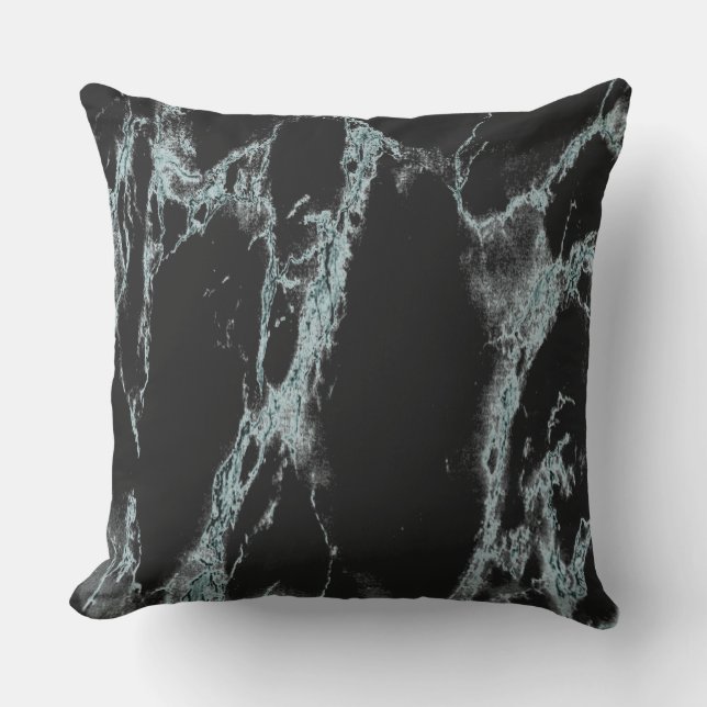 Light Turquoise Vein Black Marble Look Outdoor Pillow (Front)