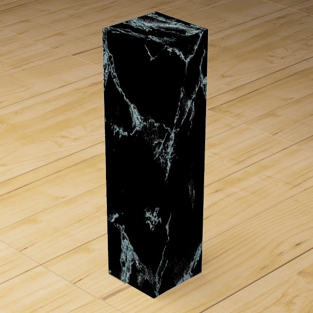 Light Turquoise Vein Black Marble Look Wine Box (Front)