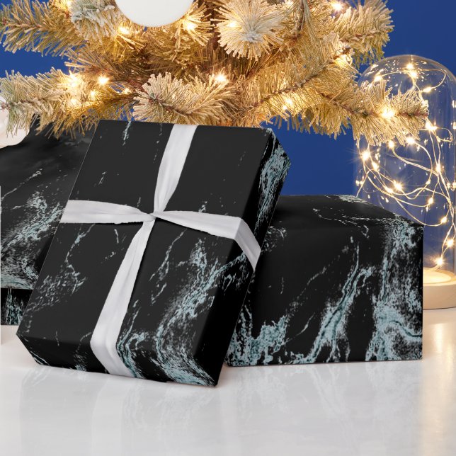 Light Turquoise Vein Black Marble Look Wrapping Paper (Holidays)