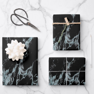 Light Turquoise Vein Black Marble Look Wrapping Paper Sheets