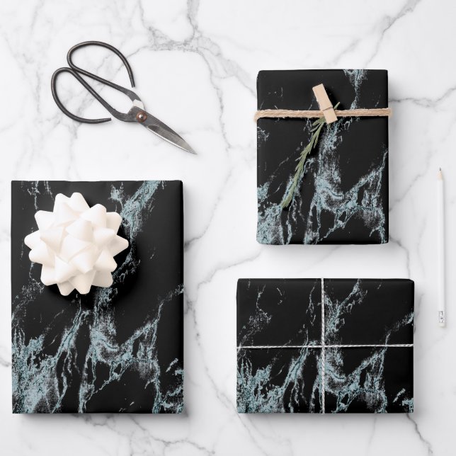 Light Turquoise Vein Black Marble Look Wrapping Paper Sheets (Front)
