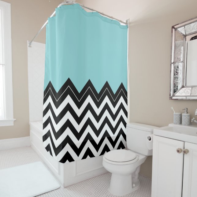 Light Turquoise White Black Zigzag Stripes Pattern Shower Curtain (In Situ)