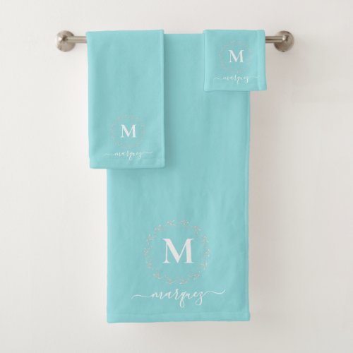 Light Turquoise White Botanical Wreath Monogram Bath Towel Set