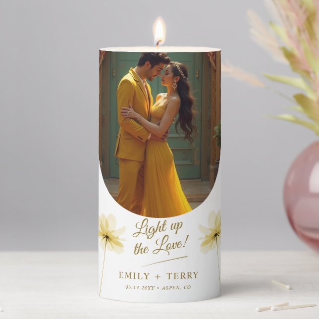 Light up the Love Floral Minimalist Wedding Photo Pillar Candle (In Situ)