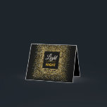 Light up The Night Elegant GOLD Glitter Hanukkah Holiday Card<br><div class="desc">Light up the Nights this Chanukah and make Friends & Family smile with this elegant Chanukkah Greeting Card. Gold on BLACK confetti is the perfect backdrop for this festive Hanukkah message. Includes the Hebrew word "CHANUKAH" Make this card your own with your personal message inside. Need help with this design?...</div>