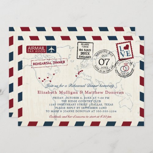 Light Vintage Map Wedding Airmail Rehearsal Dinner Invitation