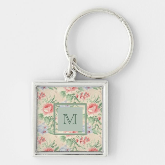 Light Vintage Pink Floral Pattern Monogram Keychain (Front)