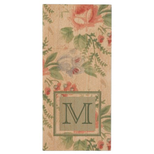 Light Vintage Pink Floral Pattern Monogram Wood Flash Drive